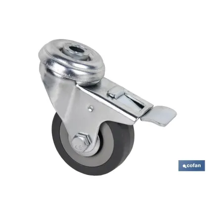 RUEDA DE GOMA GRIS CON AGUJERO PASANTE Y FRENO Ø50 X 18 MM Venta unitaria