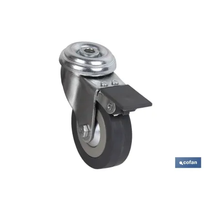 RUEDA DE GOMA GRIS CON AGUJERO PASANTE Y FRENO Ø65 X 22 MM Venta unitaria