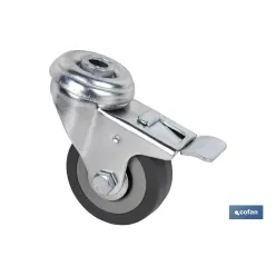 RUEDA DE GOMA GRIS CON AGUJERO PASANTE Y FRENO Ø75 X 22 MM Venta unitaria