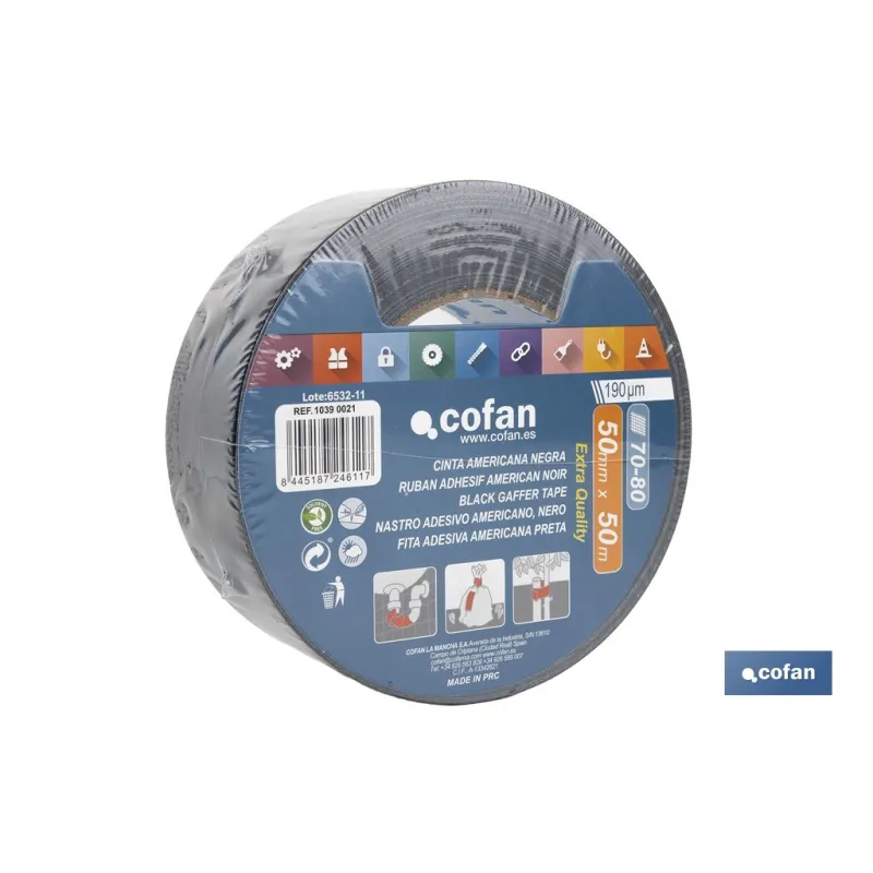 CINTA AMERICANA NEGRA 190 MICRAS 50 MM X 50 M