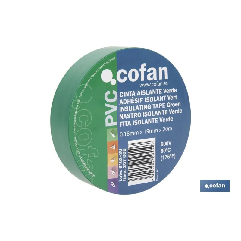 CINTA AISLANTE 180 Micras VERDE 19mmX20 Metros