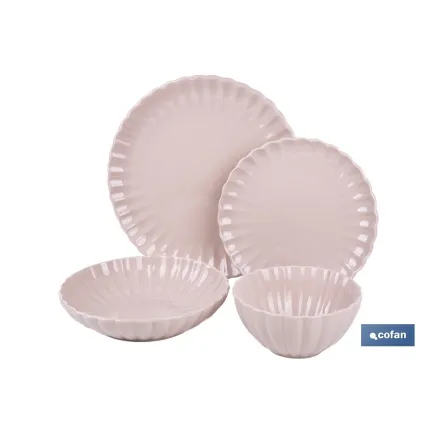 VAJILLA DE PORCELANA EN RELIEVE COLOR ROSA NUDE ESMALTADO 16 PIEZAS