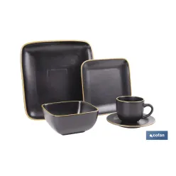 VAJILLA DE CERÁMICA DE COLOR NEGRO ESMALTADO DE FORMA CUADRADA CON BORDE VINTAGE 20 PIEZAS