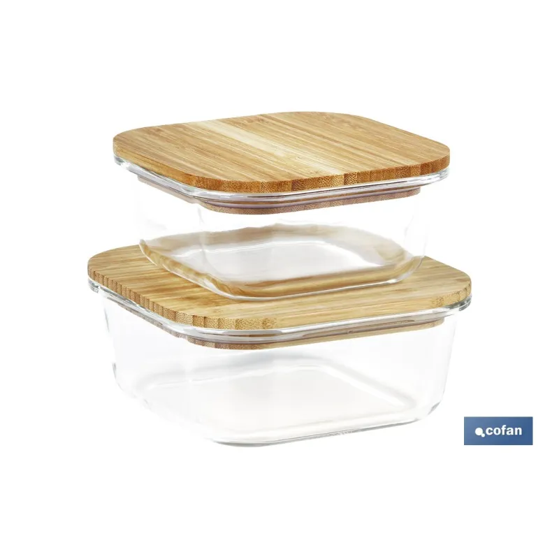 SET DE 2 RECIPIENTES DE BOROSILICATO CON TAPA DE BAMBÚ MODELO PANDA 520 ML - 800 ML