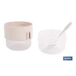 SET DE 3 RECIPIENTES CON TAPA, CUCHARA Y COMPARTIMIENTO INTERIOR  200ML+200ML