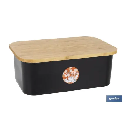 PANERA CON TAPA DE BAMBÚ COLOR NEGRO/MADERA 36 X 24 X13 CM