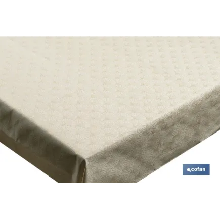 MANTEL ANTIMANCHAS RESINADO CONFECCIONADO 1,40 X 1.80 M 50% PES 45% CO 5% LUREX LINEAS DE ORO