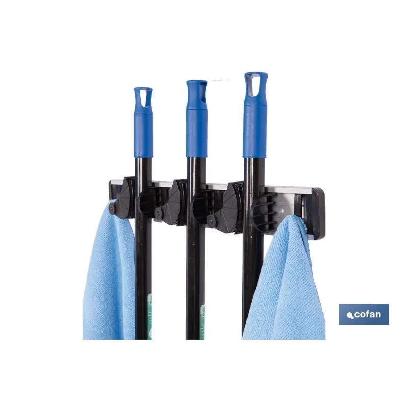 ORGANIZADOR DE ESCOBAS CON 3 ESPACIOS AJUSTABLES  Y 4 GANCHOS