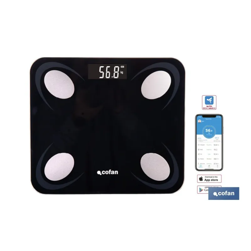 BÁSCULA DE BAÑO DIGITAL NEGRA CON PANTALLA LCD, USB Y MEDICIÓN IMC DE GRASA VISCERAL 30 X 26,5 X 2,2 CM