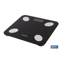 BÁSCULA DE BAÑO DIGITAL NEGRA CON PANTALLA LCD, USB Y MEDICIÓN IMC DE GRASA VISCERAL 30 X 26,5 X 2,2 CM