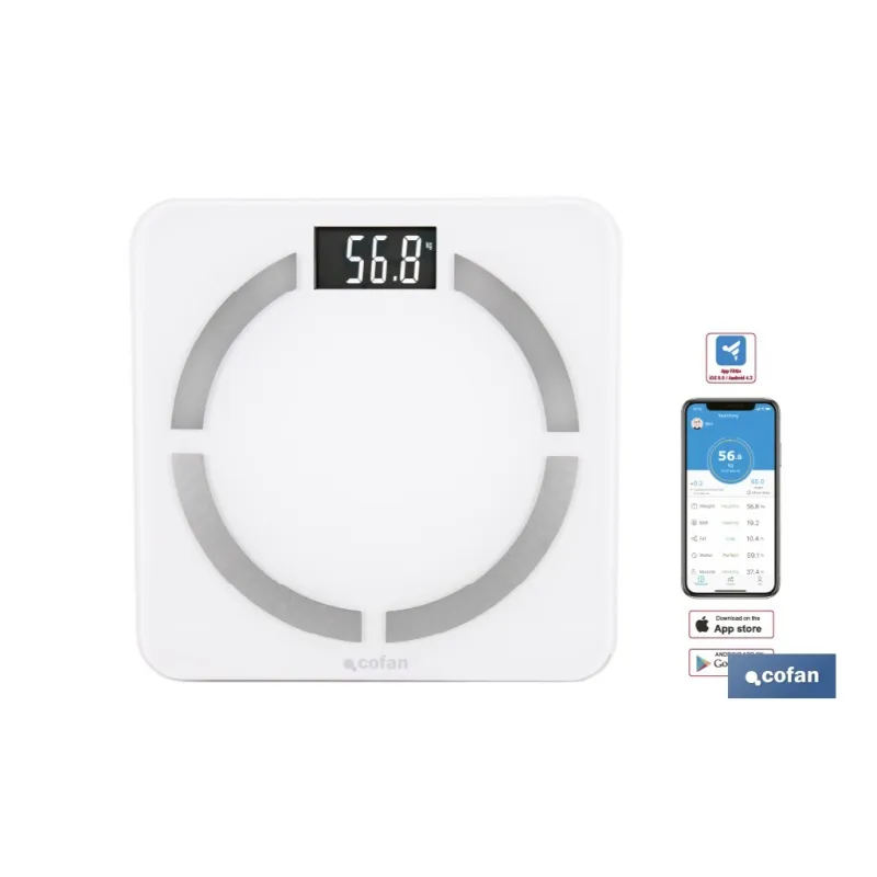 BÁSCULA DE BAÑO DIGITAL BLANCA CON PANTALLA LCD, USB Y MEDICIÓN IMC DE GRASA VISCERAL 30 X 30 X 2,2 CM