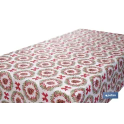 ROLLO DE MANTEL RESINADO ANTIMANCHAS LAZOS Y PIÑAS 75% ALGODÓN 25% POLIÉSTER 1,40 X 15 M
