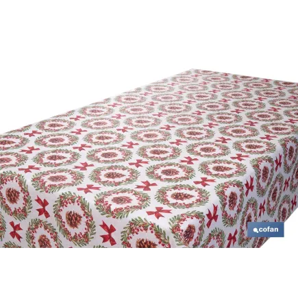 ROLLO DE MANTEL RESINADO ANTIMANCHAS LAZOS Y PIÑAS 75% ALGODÓN 25% POLIÉSTER 1,40 X 15 M