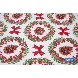 ROLLO DE MANTEL RESINADO ANTIMANCHAS LAZOS Y PIÑAS 75% ALGODÓN 25% POLIÉSTER 1,40 X 15 M