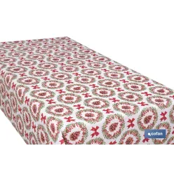ROLLO DE MANTEL RESINADO ANTIMANCHAS LAZOS Y PIÑAS 75% ALGODÓN 25% POLIÉSTER 1,40 X 15 M