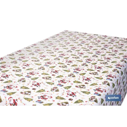 ROLLO DE MANTEL RESINADO ANTIMANCHAS ENTRE PINOS Y REGALOS 75% ALGODÓN 25% POLIÉSTER 1,40 X 15 M