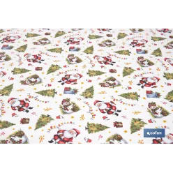 ROLLO DE MANTEL RESINADO ANTIMANCHAS ENTRE PINOS Y REGALOS 75% ALGODÓN 25% POLIÉSTER 1,40 X 15 M
