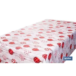 ROLLO DE MANTEL RESINADO ANTIMANCHAS BOLAS DE NAVIDAD 75% ALGODÓN 25% POLIÉSTER 1,40 X 15 M