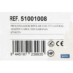 PROLONGADOR BIPOLAR CON T/T LATERAL 16A250V CABLE 10M NARANJA
