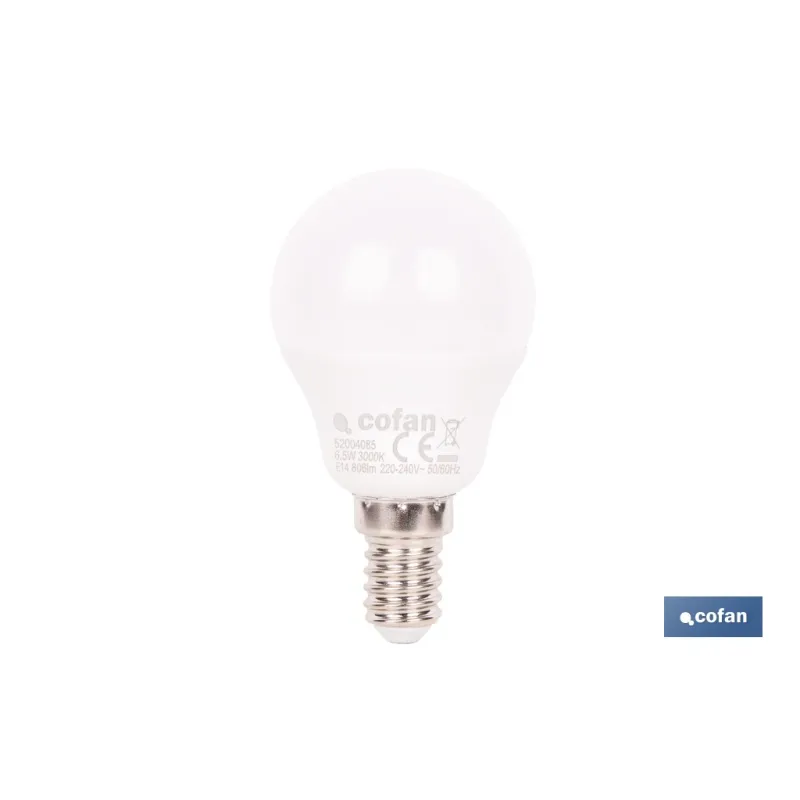 BOMBILLA LED ESFÉRICA E14 6.5 W 806 LM 3000 K