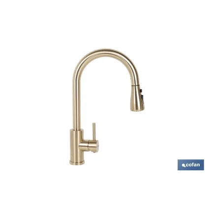 GRIFO DE COCINA DORADO DE ACERO CEPILLADO CON MANGUERA EXTENSIBLE Y 3 FUNCIONES 400 X 220 X 54 MM