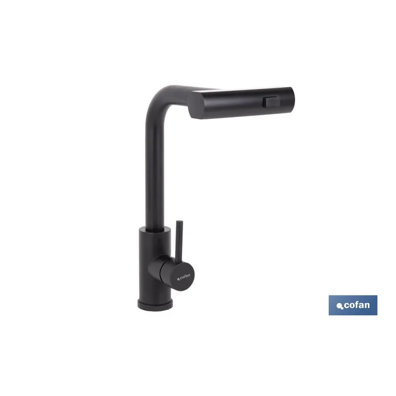 GRIFO DE COCINA NEGRO DE ACERO CON MANGUERA EXTENSIBLE Y 3 FUNCIONES 340 X 240 X 54  MM