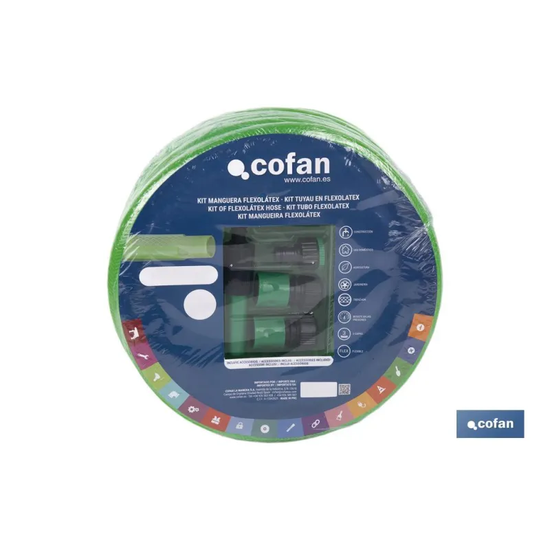 KIT MANGUERA FLEXOLÁTEX TRANSL. 15 MM (5/8) 10 M CON ACCESORIOS