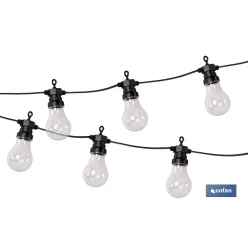 GUIRNALDA DE BOMBILLAS LED 10 UDS. CON PANEL SOLAR A19 3,7 V 1,2 Ah IP44 2700 K 4,5 + 3 M