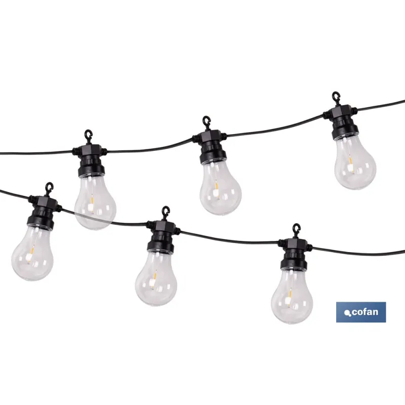GUIRNALDA DE BOMBILLAS LED 10 UDS. CON PANEL SOLAR A19 3,7 V 1,2 Ah IP44 2700 K 4,5 + 3 M