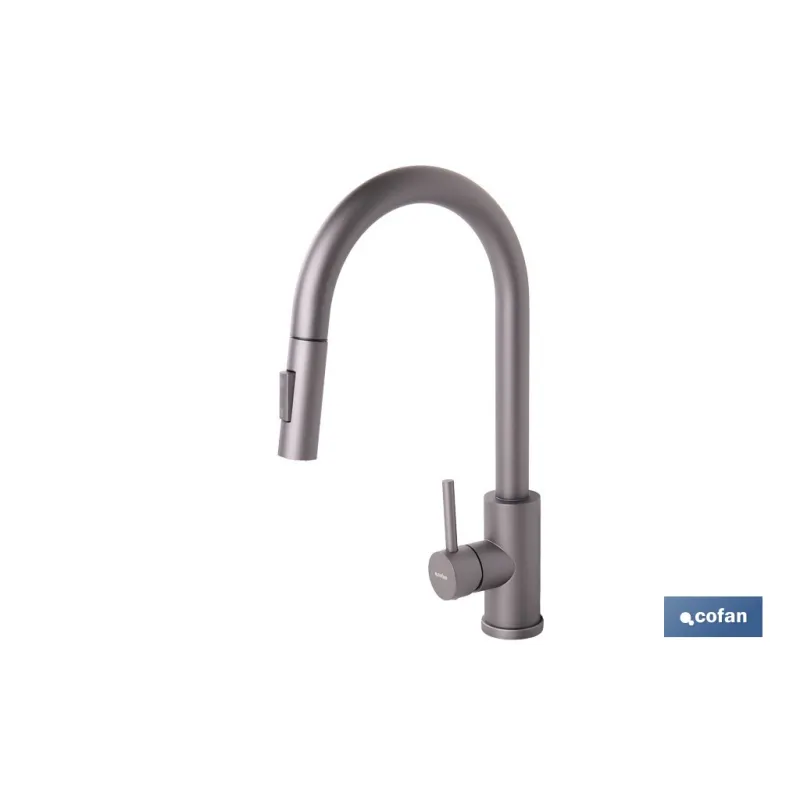 GRIFO DE COCINA ANTRACITA DE ACERO INOX. CON MANGUERA EXTENSIBLE Y 2 FUNCIONES 400 X 220 X 54 MM