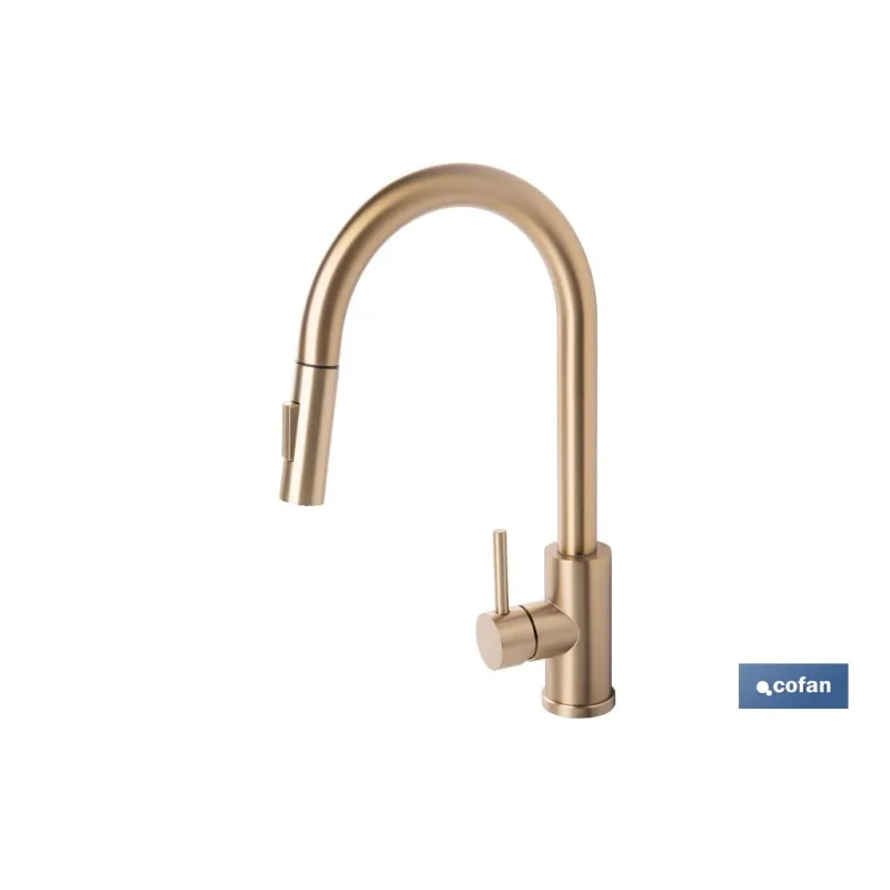 GRIFO DE COCINA CEPILLADO DORADO DE ACERO CON MANGUERA EXTENSIBLE Y 2 FUNCIONES 400 X 220 X 54 MM