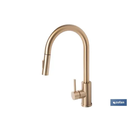 GRIFO DE COCINA CEPILLADO DORADO DE ACERO CON MANGUERA EXTENSIBLE Y 2 FUNCIONES 400 X 220 X 54 MM