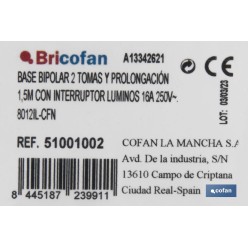 BASE BIPOLAR 2 TOMAS Y PROLONGACIÓN 1,5M CON INTERRUPTOR LUMINOS 16A250V