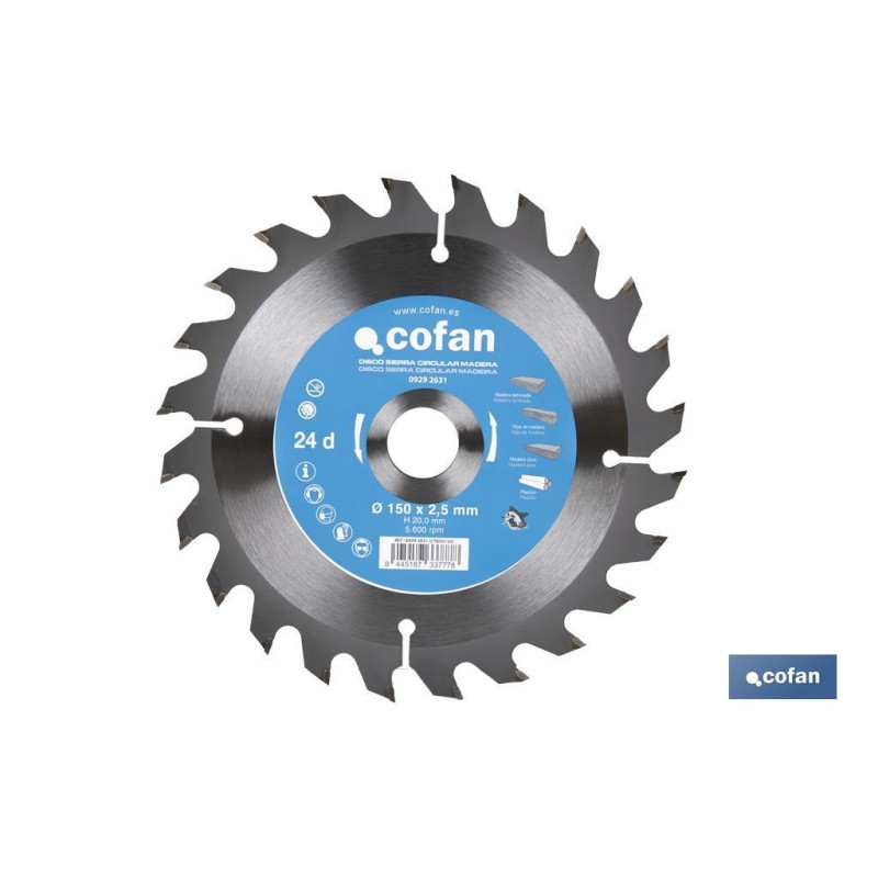 DISCO DE SIERRA CIRCULAR PARA MADERA Ø150 X 2,5 X 20 MM, 24 DIENTES