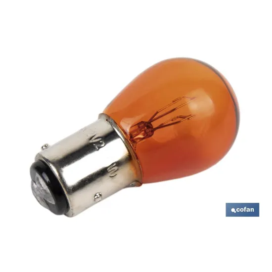 LÁMPARA COFAN 2 POLOS ÁMBAR DESCENTRADA P21/5W (BAZ15d) 12V venta unitaria