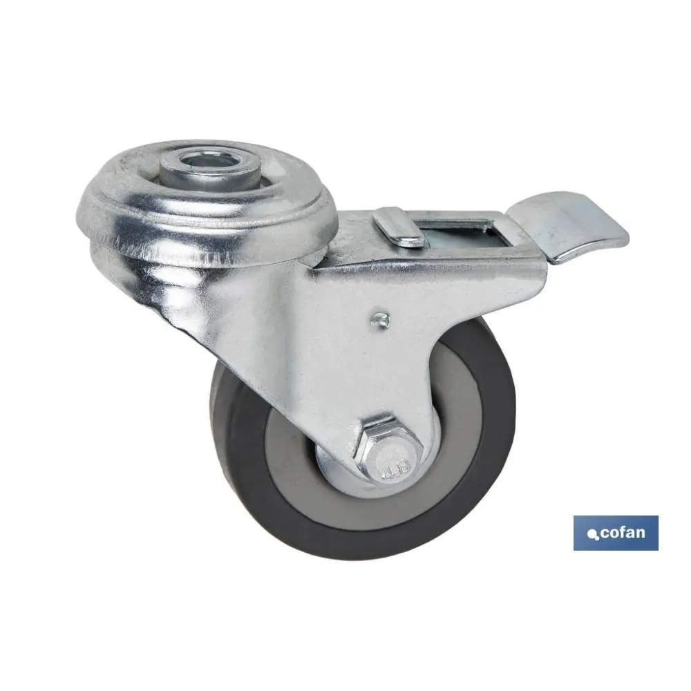 RUEDA DE GOMA GRIS CON AGUJERO PASANTE Y FRENO Ø50 X 18 MM Venta unitaria