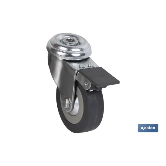 RUEDA DE GOMA GRIS CON AGUJERO PASANTE Y FRENO Ø65 X 22 MM Venta unitaria