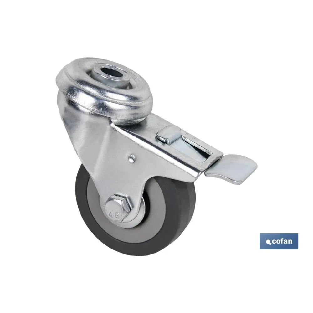 RUEDA DE GOMA GRIS CON AGUJERO PASANTE Y FRENO Ø75 X 22 MM Venta unitaria