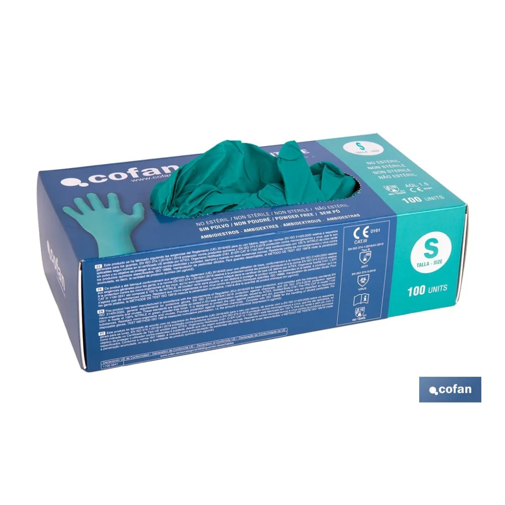 CAJA 100 UDS. GUANTES NITRILO VERDE COFAN PROTECCION FITOSANITARIOS T-S