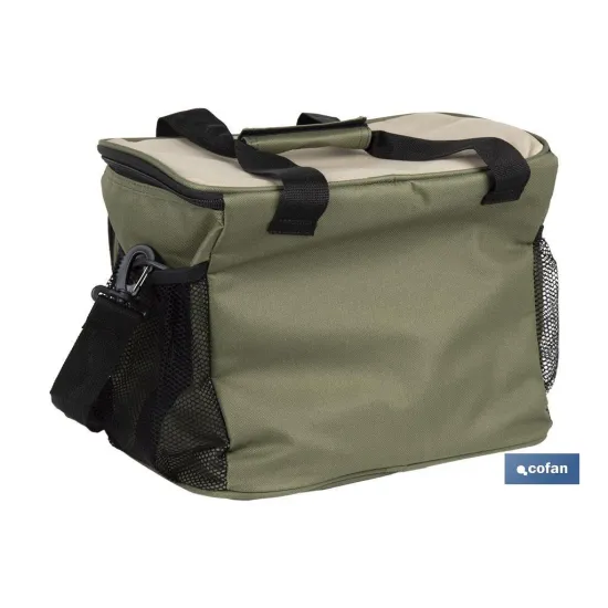 NEVERA TEXTIL PORTÁTIL MULTIBOLSILLOS COLOR VERDE/BEIGE 20 L