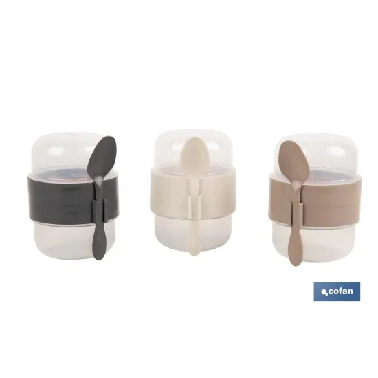 SET DE 3 RECIPIENTES CON TAPA, CUCHARA Y COMPARTIMIENTO INTERIOR  200ML+200ML