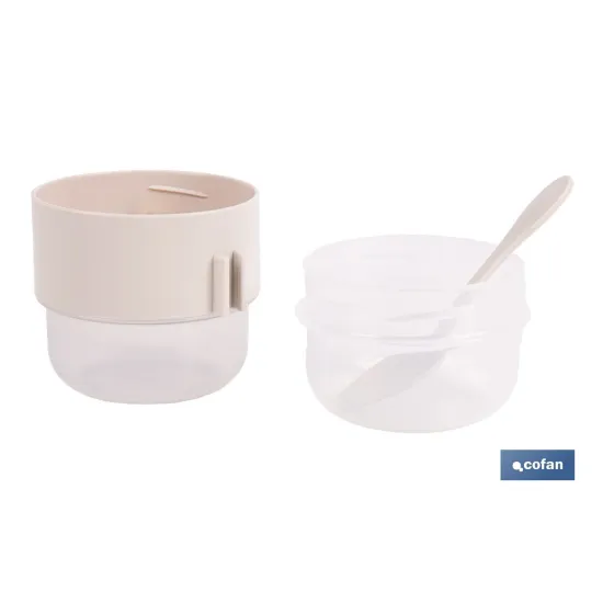 SET DE 3 RECIPIENTES CON TAPA, CUCHARA Y COMPARTIMIENTO INTERIOR  200ML+200ML