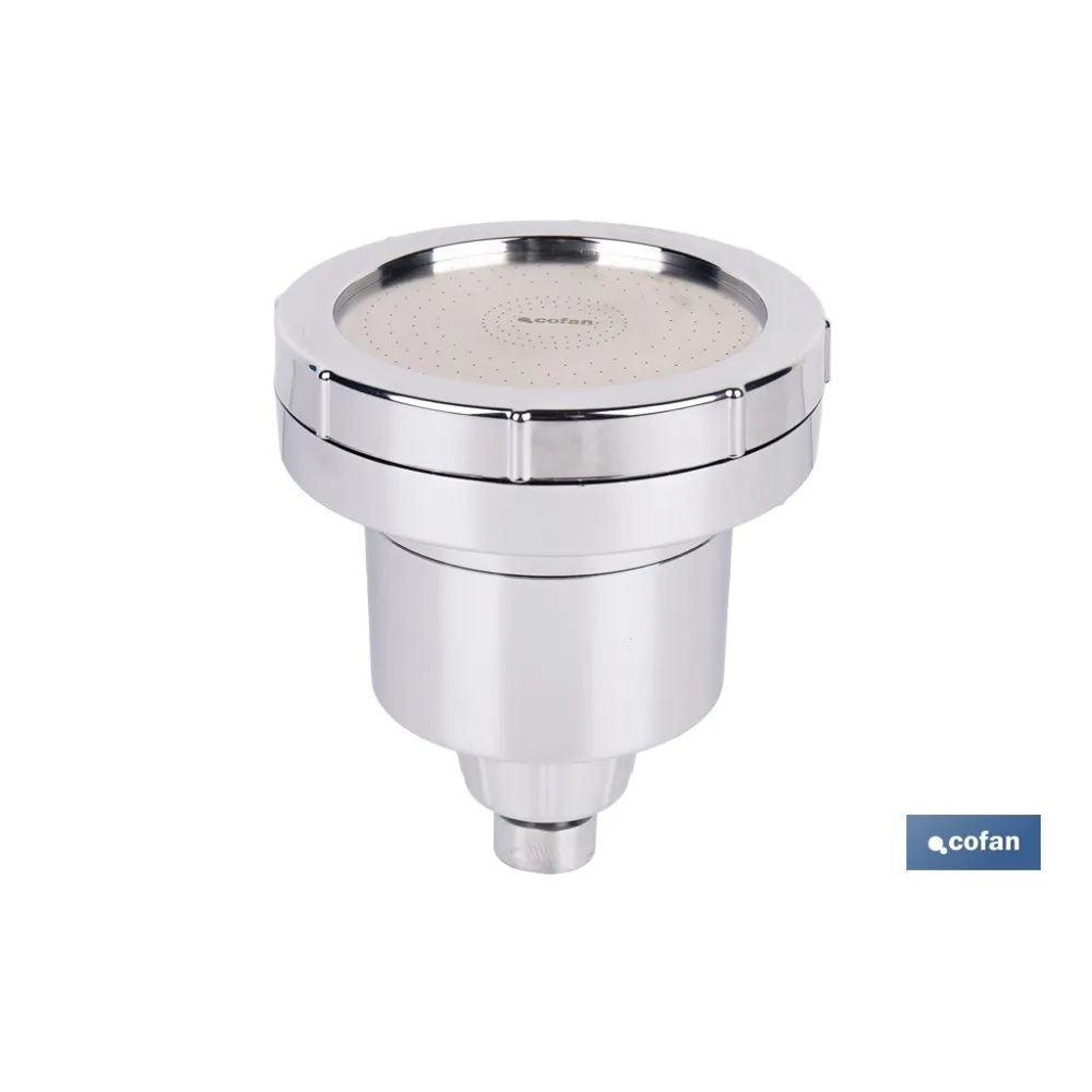 ROCIADOR DE DUCHA CON 15 FILTROS COLOR INOX. 11,5 X 13,5 CM
