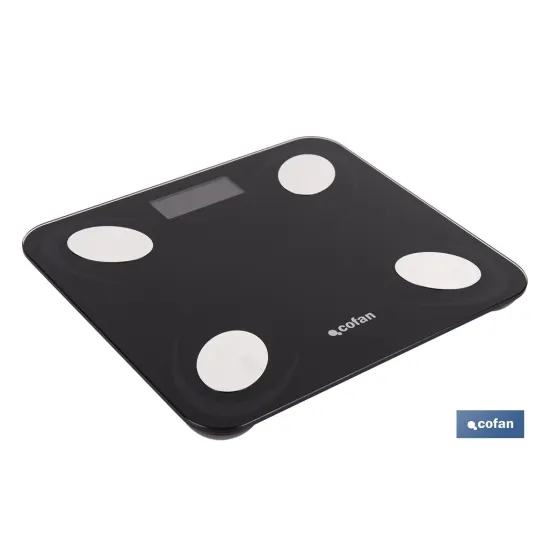 BÁSCULA DE BAÑO DIGITAL NEGRA CON PANTALLA LCD, USB Y MEDICIÓN IMC DE GRASA VISCERAL 30 X 26,5 X 2,2 CM