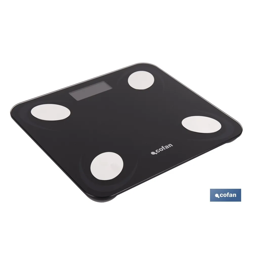 BÁSCULA DE BAÑO DIGITAL NEGRA CON PANTALLA LCD, USB Y MEDICIÓN IMC DE GRASA VISCERAL 30 X 26,5 X 2,2 CM