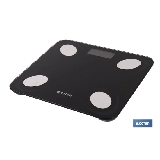BÁSCULA DE BAÑO DIGITAL NEGRA CON PANTALLA LCD, USB Y MEDICIÓN IMC DE GRASA VISCERAL 30 X 26,5 X 2,2 CM