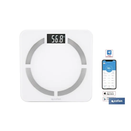 BÁSCULA DE BAÑO DIGITAL BLANCA CON PANTALLA LCD, USB Y MEDICIÓN IMC DE GRASA VISCERAL 30 X 30 X 2,2 CM