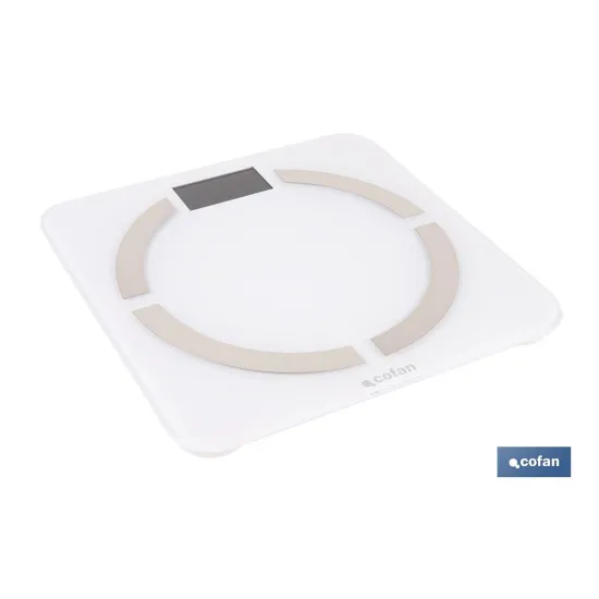 BÁSCULA DE BAÑO DIGITAL BLANCA CON PANTALLA LCD, USB Y MEDICIÓN IMC DE GRASA VISCERAL 30 X 30 X 2,2 CM