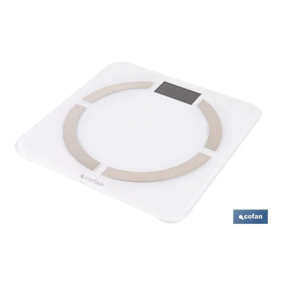 BÁSCULA DE BAÑO DIGITAL BLANCA CON PANTALLA LCD, USB Y MEDICIÓN IMC DE GRASA VISCERAL 30 X 30 X 2,2 CM