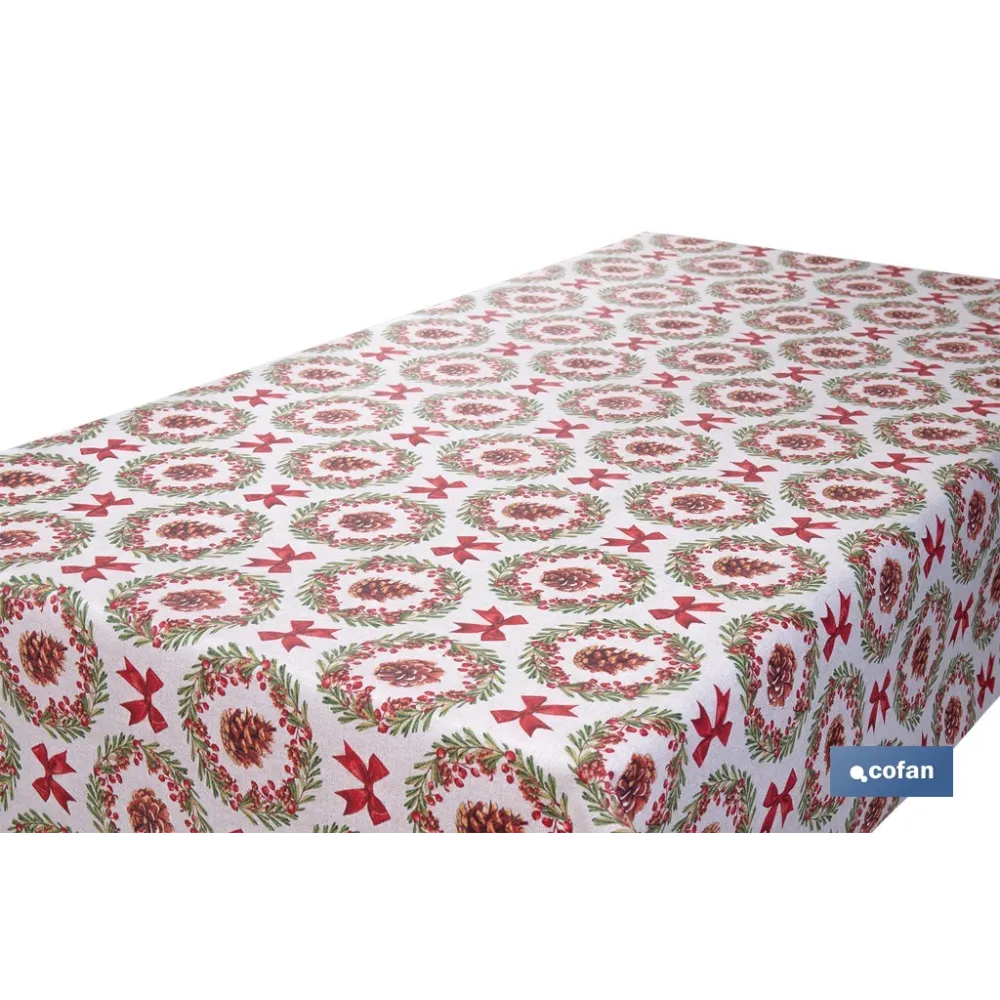 ROLLO DE MANTEL RESINADO ANTIMANCHAS LAZOS Y PIÑAS 75% ALGODÓN 25% POLIÉSTER 1,40 X 15 M